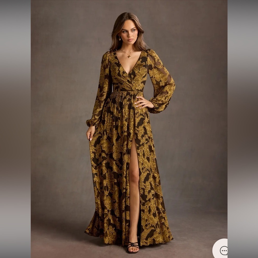 Azaize Atelier SARA MARIGOLD MAXI DRESS‎ Elegant Floral Formal Black and Gold